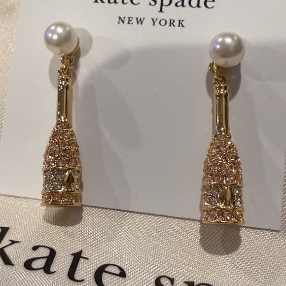 NWT Kate Spade Celebration Champagne Bottle Cubic Zirconia & Pearl Drop Earrings - Picture 4 of 6